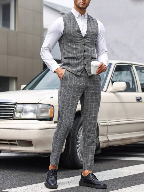 Men 1pc Plaid Waistcoat & 1pc Suit Pants