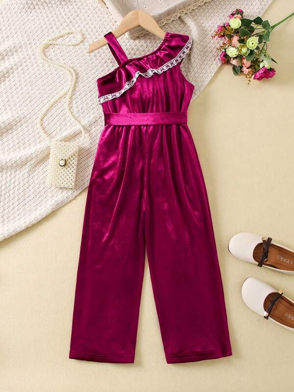 Young Girl Asymmetrical Neck Lace Trim Ruffle Belted Jumpsuit