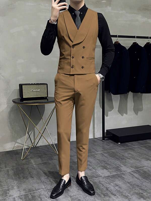 Men Double Breasted Waistcoat & Suit Pants Without Shirt