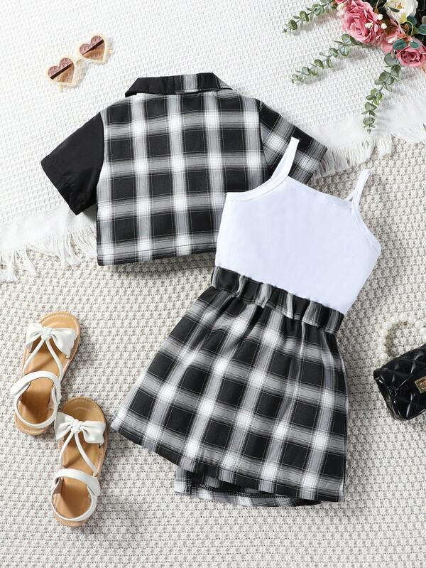 SHEIN Kids EVRYDAY Toddler Girls' Elegant 2-piece Set: Checked Shirt Jacket & Suspender Dress For Summer