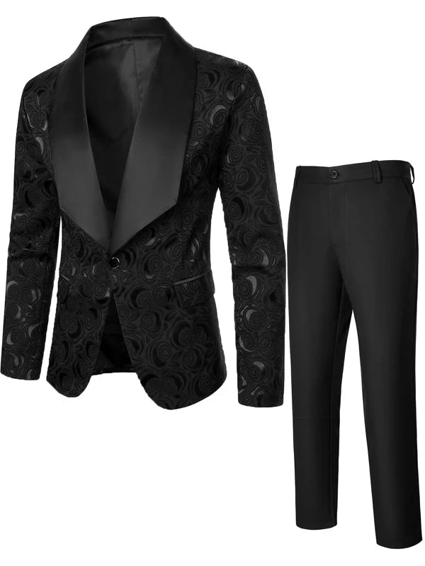 Men 1pc Rose Jacquard Blazer & 1pc Suit Pants