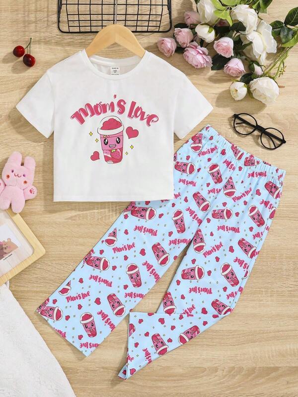 SHEIN Kids QTFun Toddler Girls Letter & Cartoon Graphic PJ Set