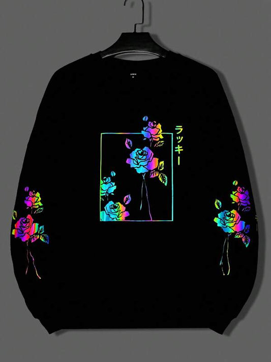 Manfinity LEGND Men Reflective Floral & Japanese Letter Graphic Sweatshirt