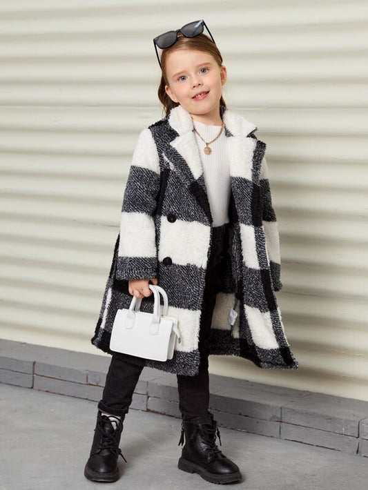 SHEIN Kids Nujoom Toddler Girls Buffalo Plaid Pattern Lapel Neck Teddy Coat