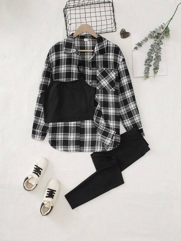 SHEIN Teen Girl Plaid Print Shirt & Cami Top & Leggings