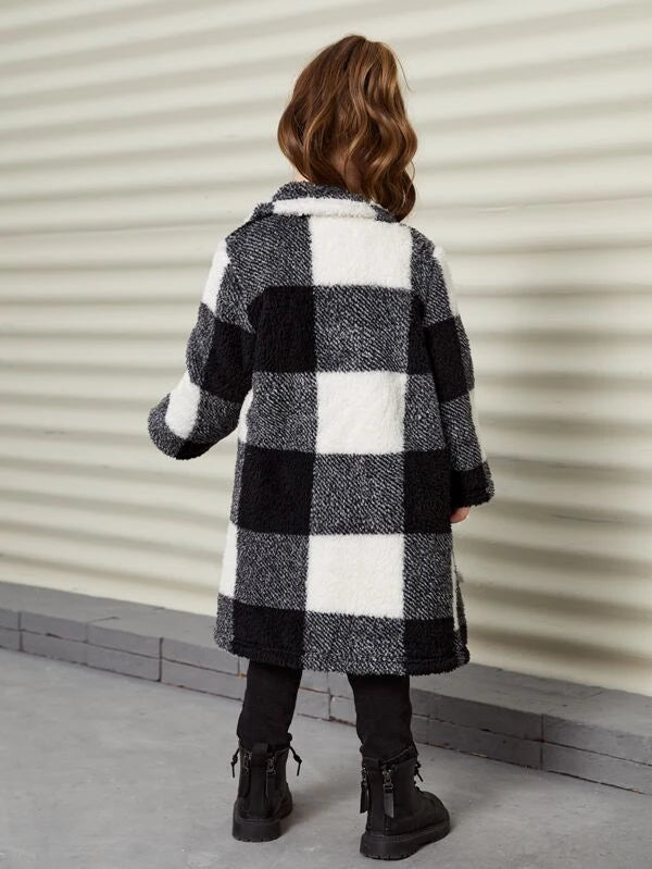 SHEIN Kids Nujoom Toddler Girls Buffalo Plaid Pattern Lapel Neck Teddy Coat