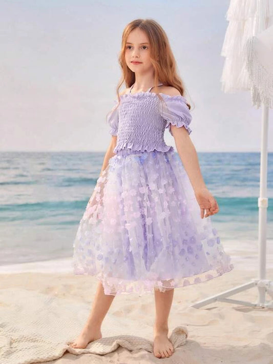 Girls Cold Shoulder Frill Trim Shirred Top & Appliques Mesh Skirt