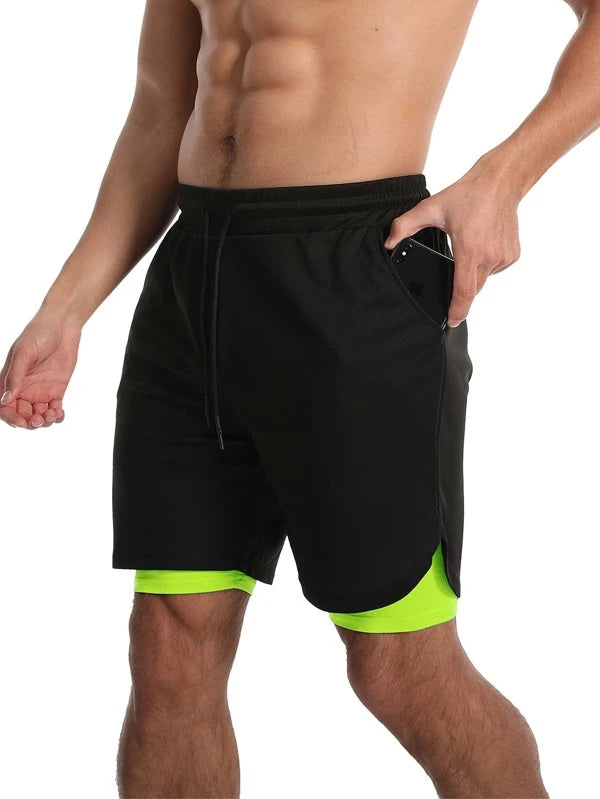 Running Men 2 In 1 Colorblock Sports Shorts With Towel Loop