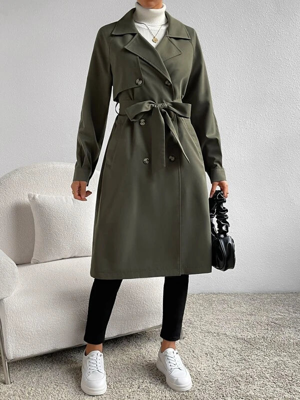 SHEIN Essnce Lapel Neck Raglan Sleeve Double Breasted Belted Trench Coat