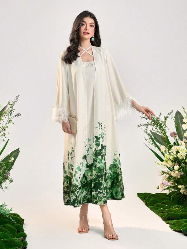 SHEIN Najma Floral Print Fuzzy Trim Abaya & Dress