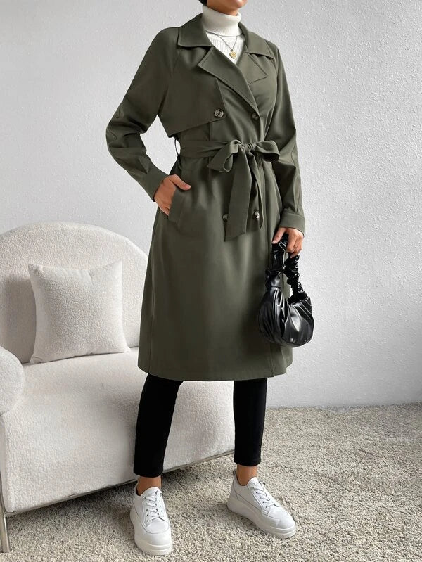 SHEIN Essnce Lapel Neck Raglan Sleeve Double Breasted Belted Trench Coat