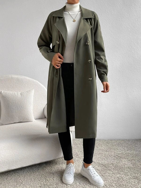 SHEIN Essnce Lapel Neck Raglan Sleeve Double Breasted Belted Trench Coat