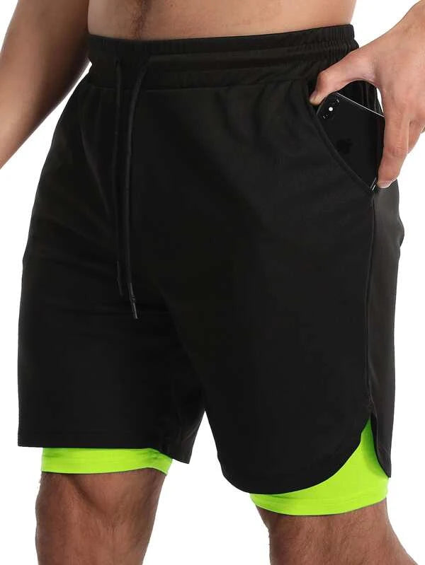 Running Men 2 In 1 Colorblock Sports Shorts With Towel Loop