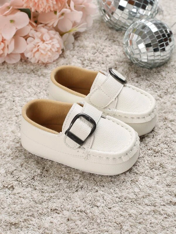 Baby Metal Decor Litchi Embossed Buckle Decor Loafers