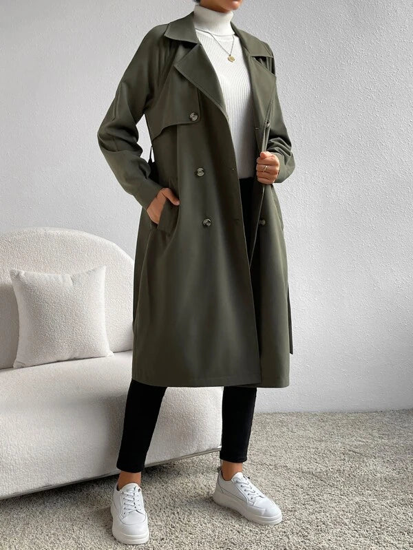 SHEIN Essnce Lapel Neck Raglan Sleeve Double Breasted Belted Trench Coat