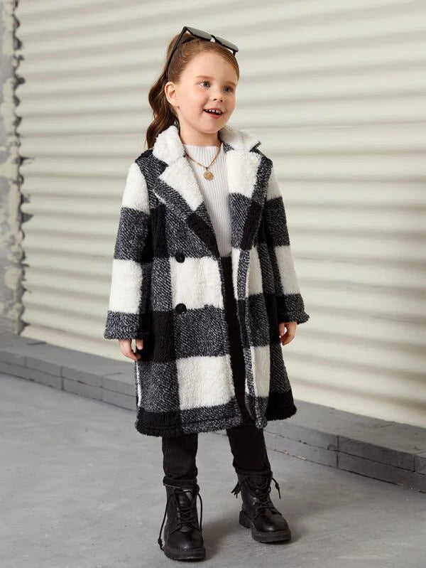 SHEIN Kids Nujoom Toddler Girls Buffalo Plaid Pattern Lapel Neck Teddy Coat