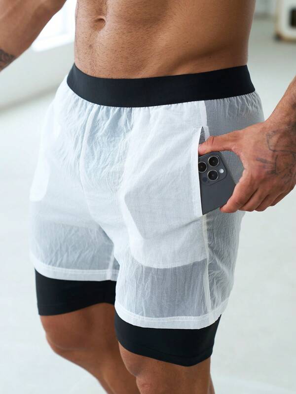 Men Colorblock 2 In 1 Sports Shorts With Phone Pocket