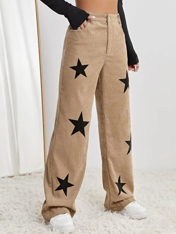 SHEIN Coolane Star Print High Waist Straight Leg Pants