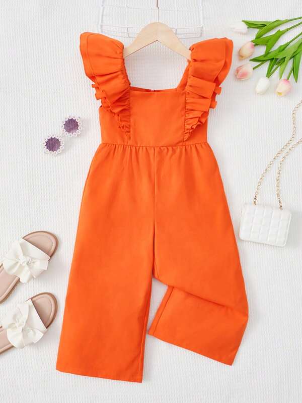 SHEIN Toddler Girls Ruffle Trim Square Neck Wide Leg Jumpsuit