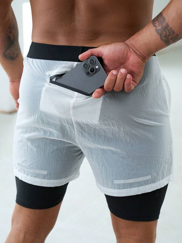 Men Colorblock 2 In 1 Sports Shorts With Phone Pocket