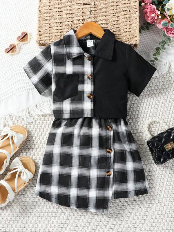 SHEIN Kids EVRYDAY Toddler Girls' Elegant 2-piece Set: Checked Shirt Jacket & Suspender Dress For Summer