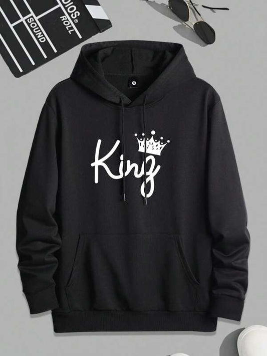 Men Crown & Letter Graphic Kangaroo Pocket Drawstring Hoodie