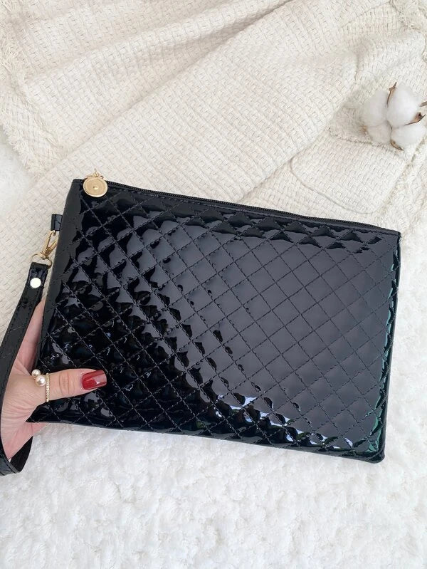 Holographic Quilted Detail Clutch Bag With Wristlet