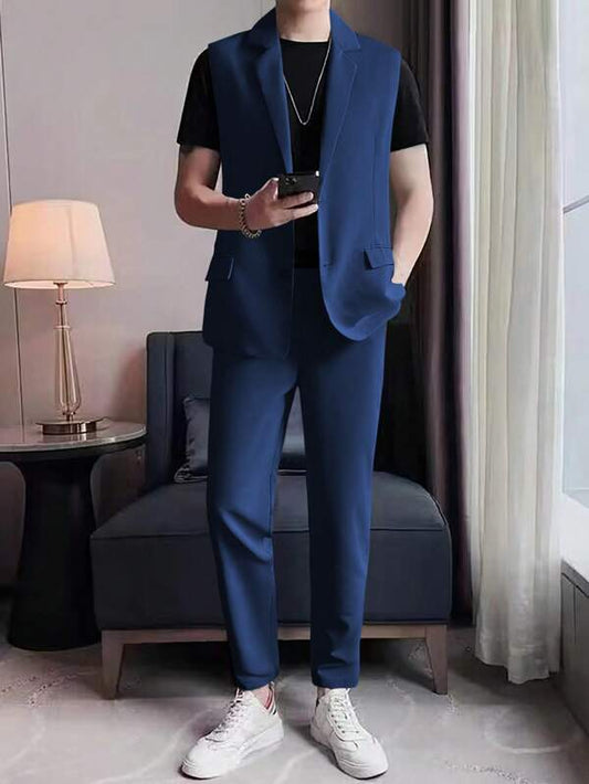 Men Solid Lapel Neck Vest Blazer & Suit Pants