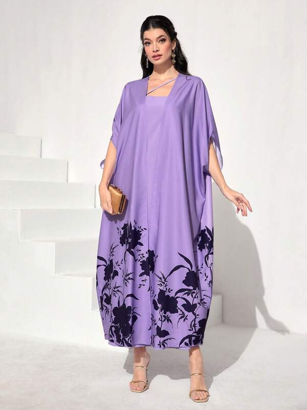 SHEIN Najma Floral Print Batwing Sleeve Coat & Tank Dress