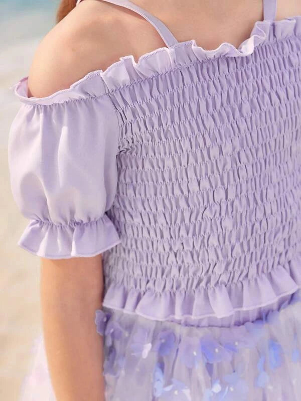 Girls Cold Shoulder Frill Trim Shirred Top & Appliques Mesh Skirt