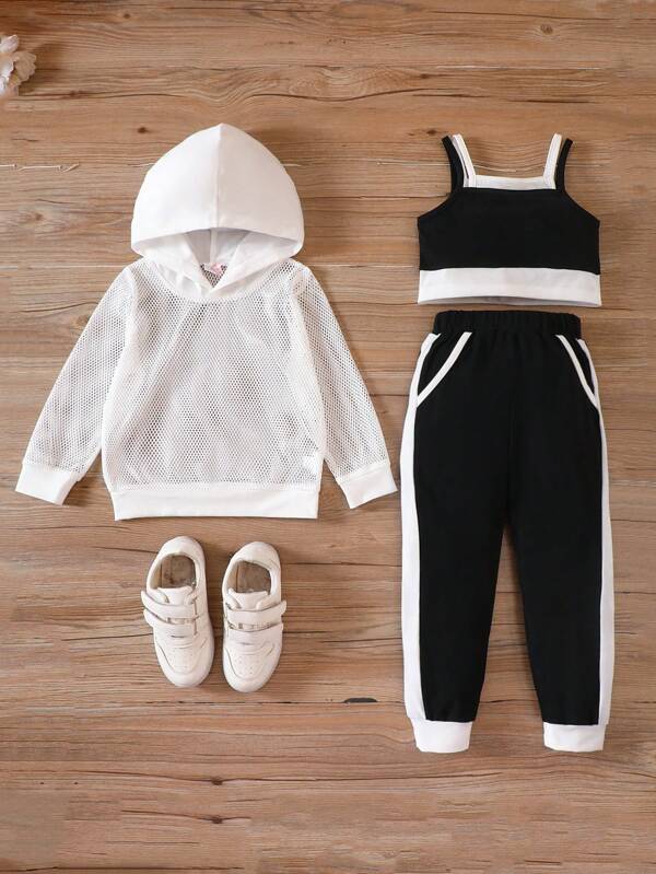 Young Girls' Street Style Mesh Jacket, Black Vest & Long Pants Outfit Set For Summer