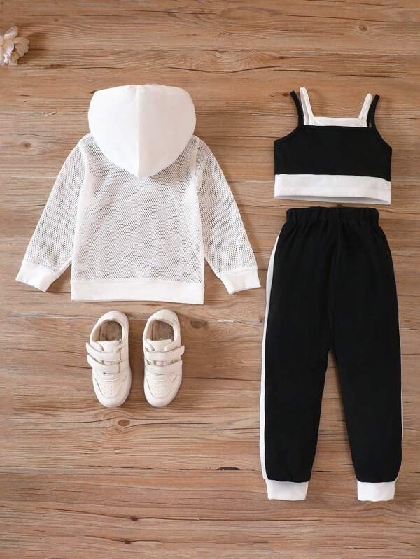 Young Girls' Street Style Mesh Jacket, Black Vest & Long Pants Outfit Set For Summer