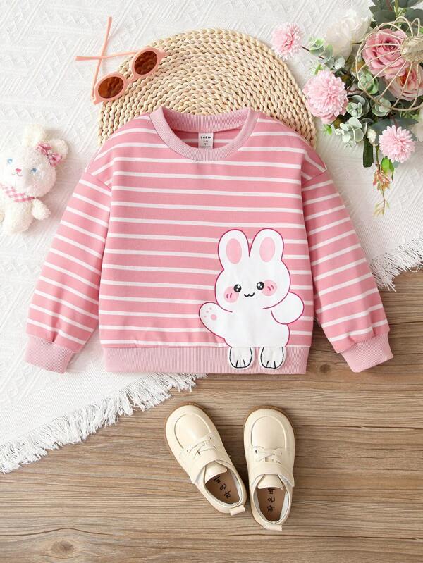 Young Girl Striped & Cartoon Graphic Drop Shoulder Sweatshirt