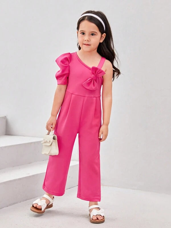 SHEIN Toddler Girls' Rose Red One Shoulder Asymmetrical Jumpsuit With Bow Decoration And Wide Leg Pants