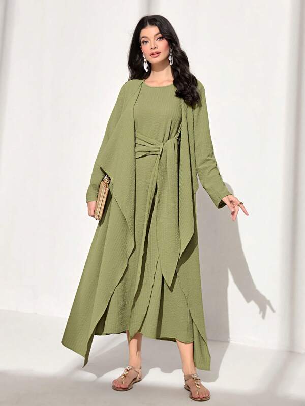 SHEIN Najma Solid Open Front Abaya & Dress Set