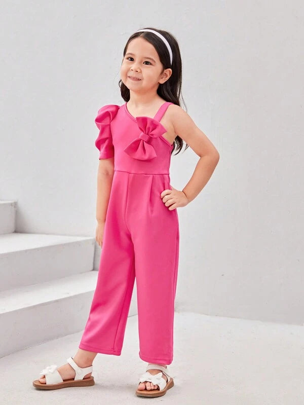 SHEIN Toddler Girls' Rose Red One Shoulder Asymmetrical Jumpsuit With Bow Decoration And Wide Leg Pants