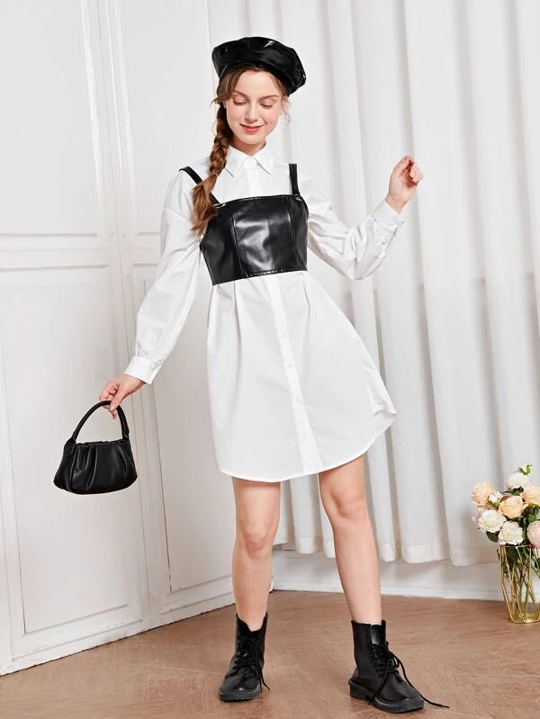 SHEIN Teen Girls Single Breasted Shirt Dress With PU Leather Camisole