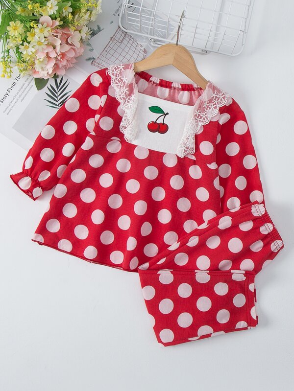 Toddler Girls Polka Dot & Cherry Print Embroidery Mesh Panel PJ Set