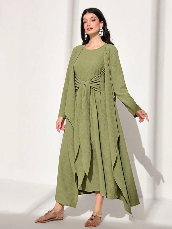 SHEIN Najma Solid Open Front Abaya & Dress Set