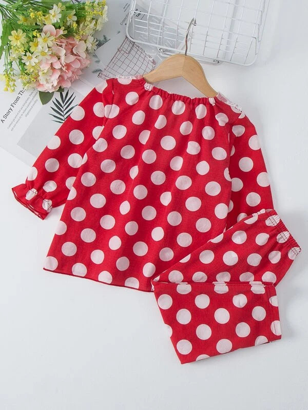 Toddler Girls Polka Dot & Cherry Print Embroidery Mesh Panel PJ Set