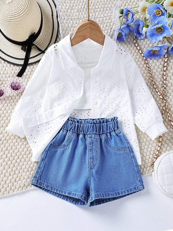 SHEIN Kids EVRYDAY Toddler Girls 3pcs Eyelet Embroidery Shirt & Denim Shorts & Cami Top Set