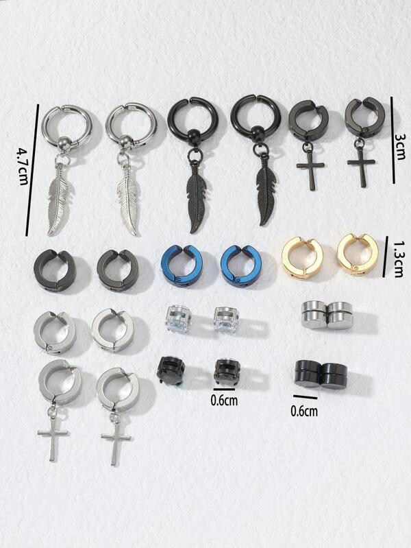 12pairs/set Men Cross & Feather Decor Ear Cuffs, Stainless Steel Jewelry