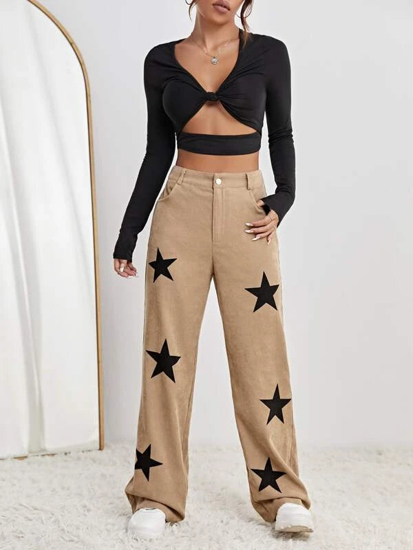 SHEIN Coolane Star Print High Waist Straight Leg Pants