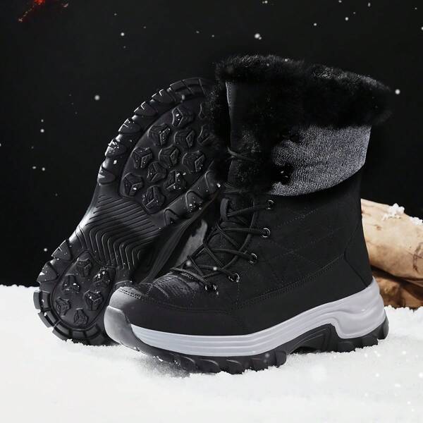 Men's Slip-resistant Fleece Lined And Thickened Rolled Up Cuff Flat Warm Boots For Fashionable Casual Outdoor Winter, Patchwork Waterproof Snow Boots