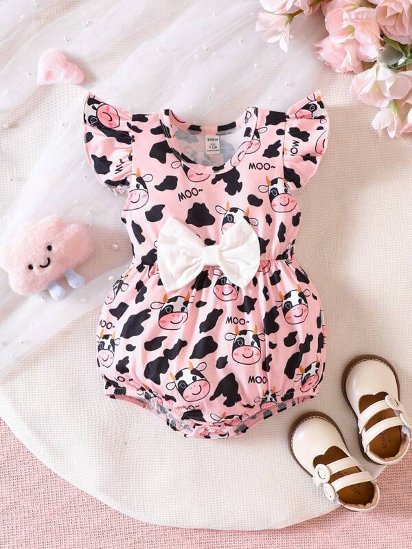 Baby Cow Print Ruffle Trim Bow Front Bodysuit