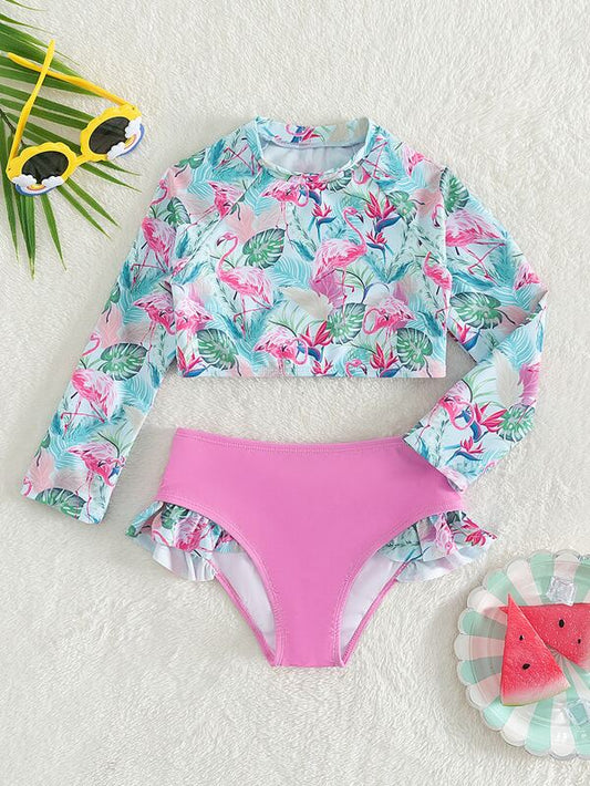 SHEIN Kids CHARMNG Toddler Girls Flamingo & Tropical Print Ruffle Trim Bikini Swimsuit