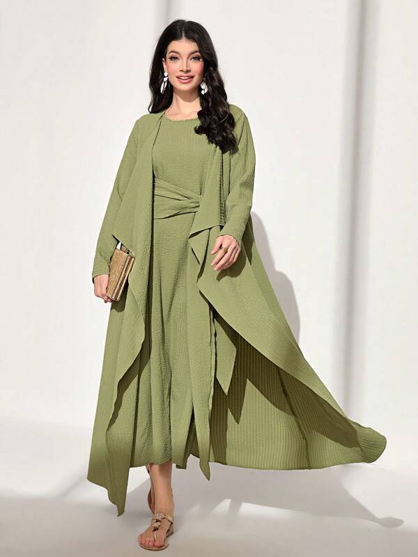 SHEIN Najma Solid Open Front Abaya & Dress Set