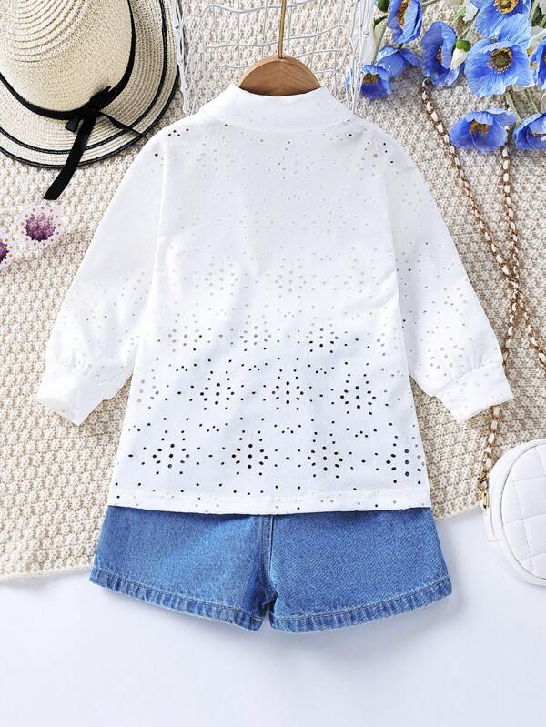 SHEIN Kids EVRYDAY Toddler Girls 3pcs Eyelet Embroidery Shirt & Denim Shorts & Cami Top Set