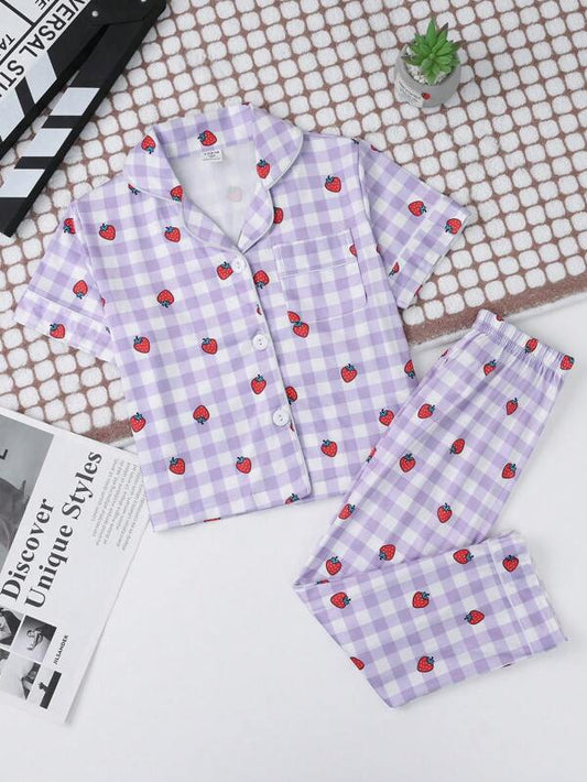 Young Girl Gingham & Strawberry Print Lapel Neck PJ Set