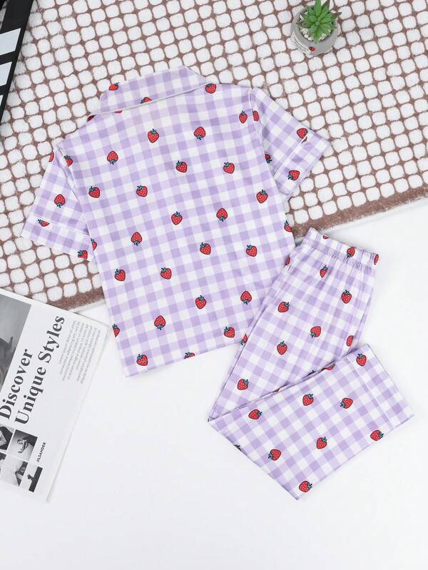 Young Girl Gingham & Strawberry Print Lapel Neck PJ Set